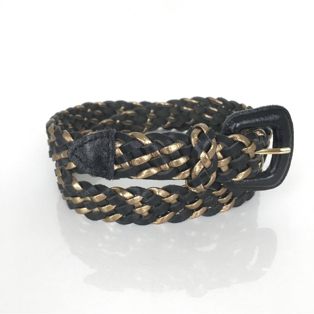 Vintage 80’s Woven Leather Belt Black And Gold Retro Braided Women’s Size M